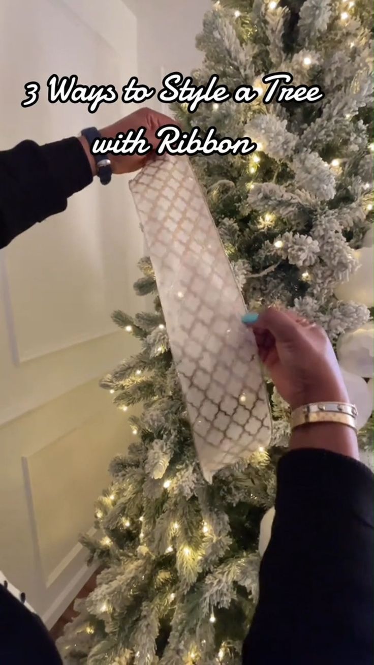 someone is decorating a christmas tree with ribbons on it and the words 3 ways to style a tree with ribbon