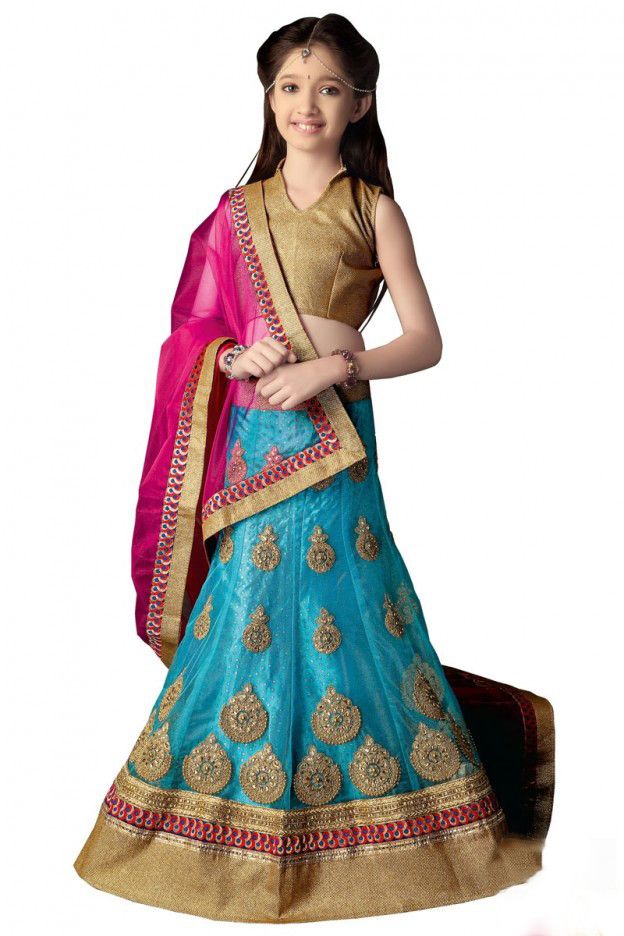 Girl's - Blue, Pink And Golden Heavy Work - Lehnga / Half Saree - Gilr's Party And Wedding Collection Lehnga Set For Special Occasions Girls Lehenga, Sari Lehenga, Kids Lehenga Choli, Lehenga Style Saree, Bollywood Party, Kids Lehenga, Blue Lehenga, Wedding Clothing, Lehenga Style