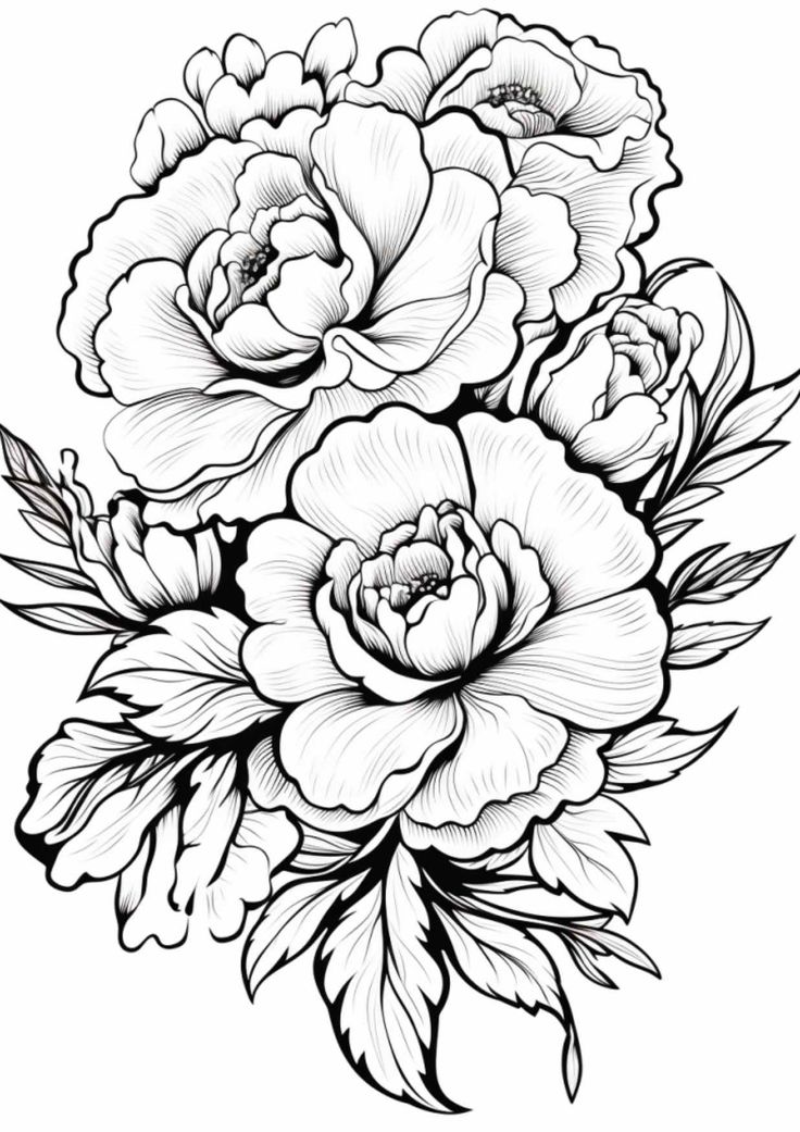 black and white drawing of flowers with leaves on the bottom half of each flower,