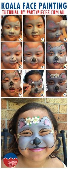 A Koala face painting tutorial in time for Australia Day 2014. Follow along to paint your childrens faces this Australia Day. Koala Bear Face Paint, Koala Face Paint, Face Paint Step By Step, Makeup Party Ideas, Mime Face Paint, Obličejové Masky, Animal Face Paintings, Face Painting Tips, Girl Face Painting