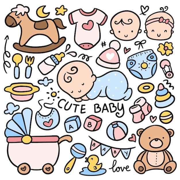 baby items are grouped together in this hand drawn doodle style, with the words cute baby above them