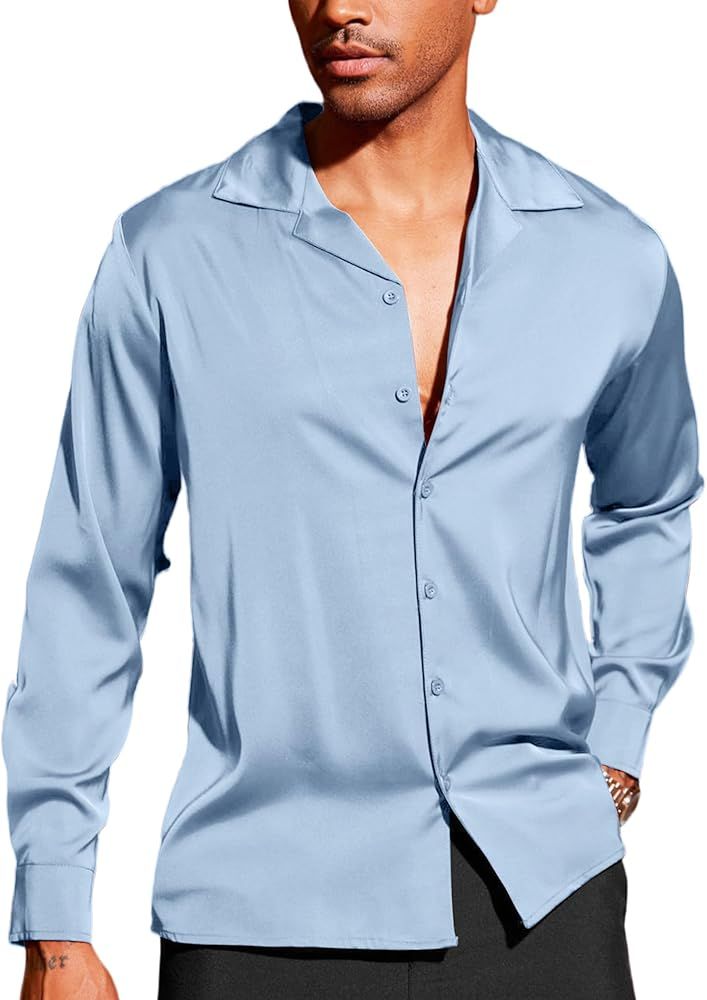 Amazon.com: COOFANDY Mens Shiny Satin Shirts Silk Shirts Long Sleeve Button Down Dress Shirt Luxury Fashion Shirt Gray Green : Clothing, Shoes & Jewelry Long Sleeve Satin Dress, Long Sleeve Silk Dress, Wedding Party Shirts, Satin Shirt Dress, Christmas Party Outfits, Luxury Silk, Satin Shirt, Prom Wedding, Men's Wardrobe