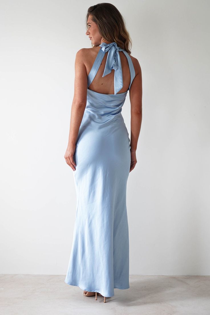 Natalia Soft Satin Maxi Dress | Blue Heels That Go With Blue Dress, Light Blue Long Dresses, Pale Blue Formal Dress, Pastel Blue Bridesmaid Dress, Bridesmaid Dresses Light Blue, Mismatched Blue Bridesmaid Dresses, Light Blue Silk Dress, Wedding Guest Dress Blue, Light Blue Bridesmaids