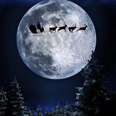 santa's sleigh flying in front of the moon with his reindeers