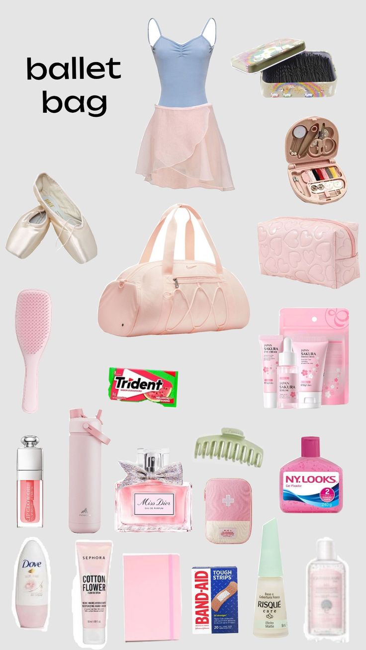 the contents of a woman's bag are shown in pink and white, as well as other items