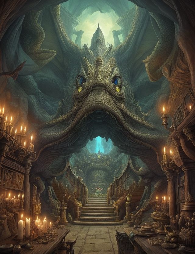 an image of a giant dragon in the middle of a tunnel with candles around it