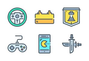 a set of different colored line icons on a white background, such as game controller, steering wheel, car keys, and other items