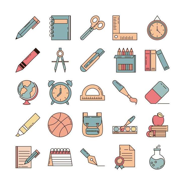 a collection of school and office related items such as books, pens, pencils, scissors, notebooks