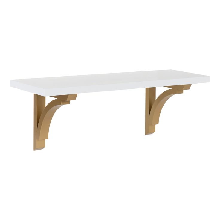 a white table with two wooden legs and a shelf on one end, against a white background