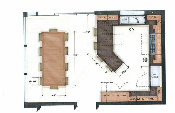 the floor plan for a kitchen with an island and seating area, including a dining table