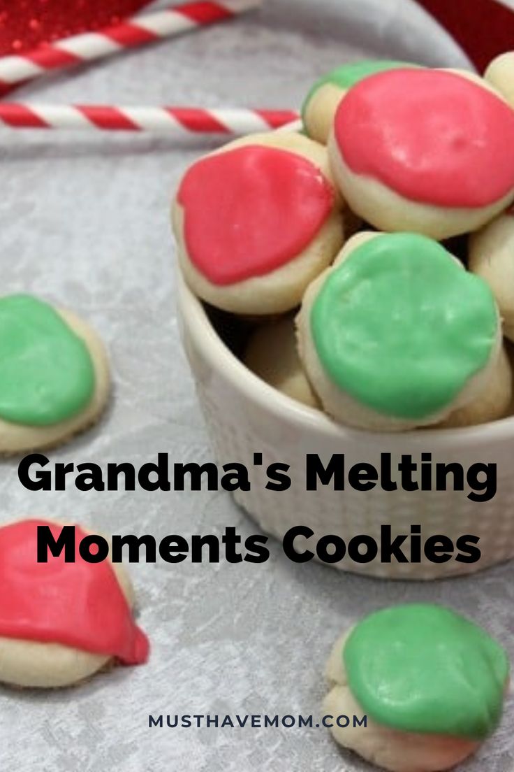 grandma's melting moments cookies with green and red frosting in a white bowl