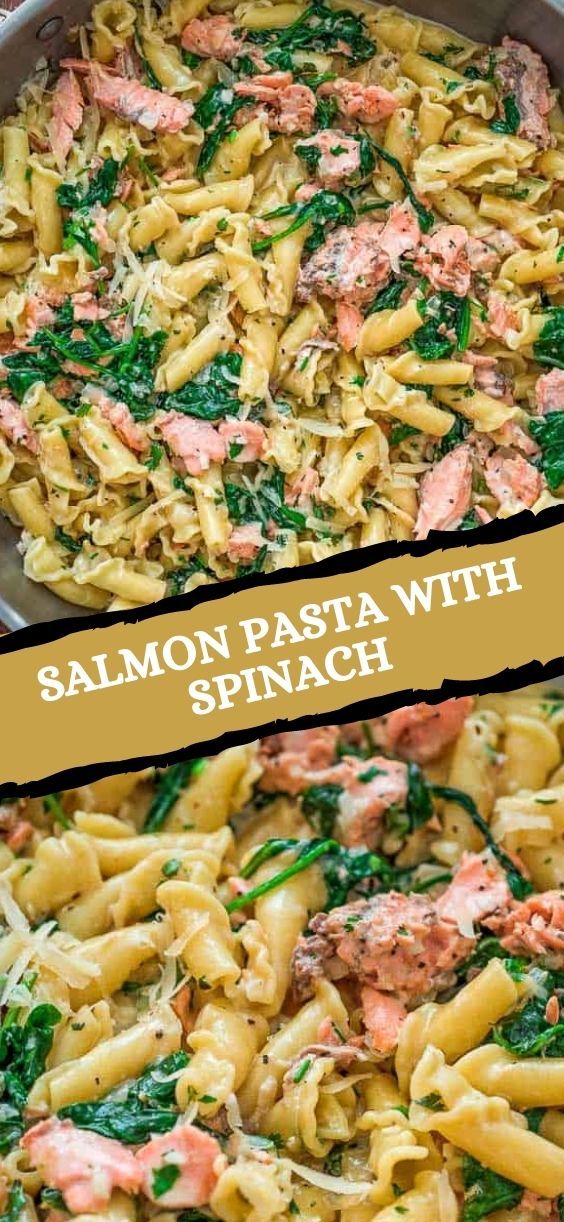 salmon pasta with spinach in a skillet