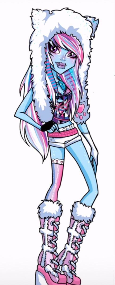 a drawing of a girl with pink hair and white fur on her head, wearing snow boots