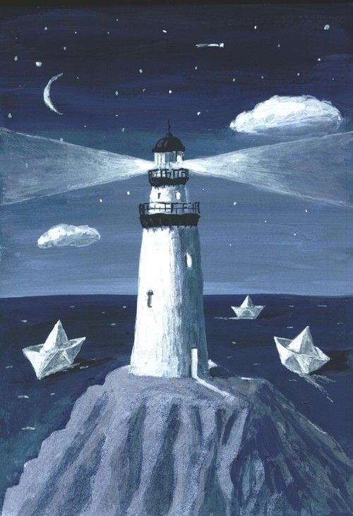 a painting of a lighthouse with paper boats floating in the water and stars above it