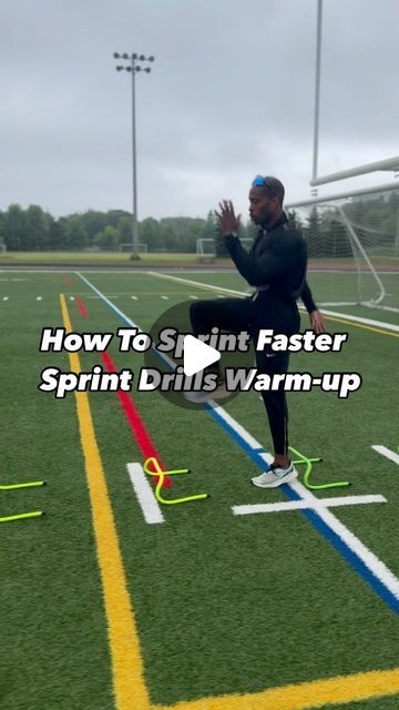 a man standing on top of a green field next to a yellow line with the words how to sprint faster sprint girls warm - up