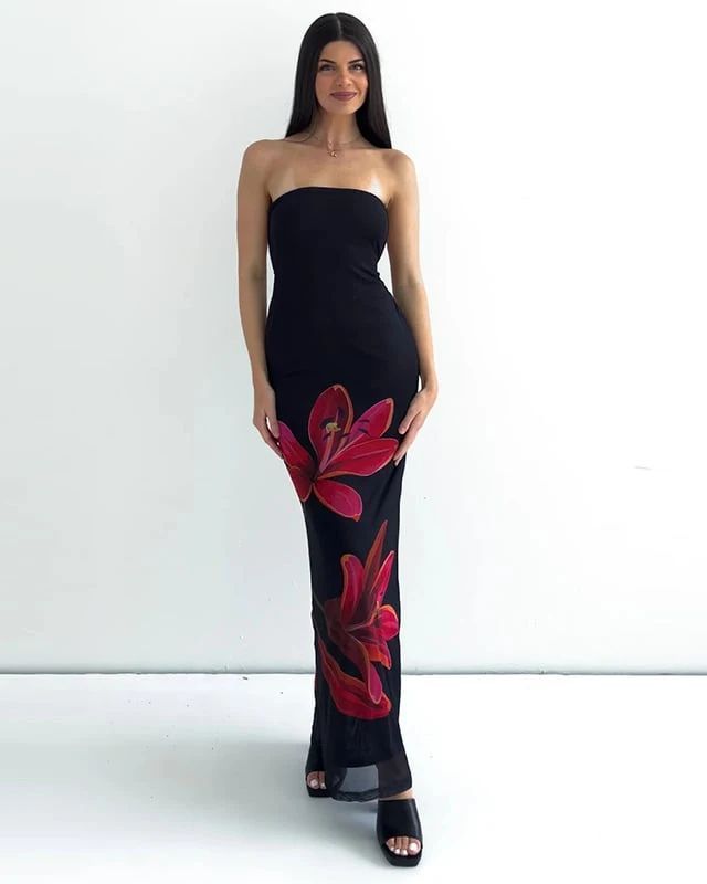 Personalized Printed Collar Tube Top Backless Tied Dress Floral Print Long Dress, Open Back Maxi Dress, Floral Bodycon, Tube Top Dress, Elegant Maxi Dress, Party Package, Bodycon Floral Dress, Floral Fit, Backless Maxi Dresses