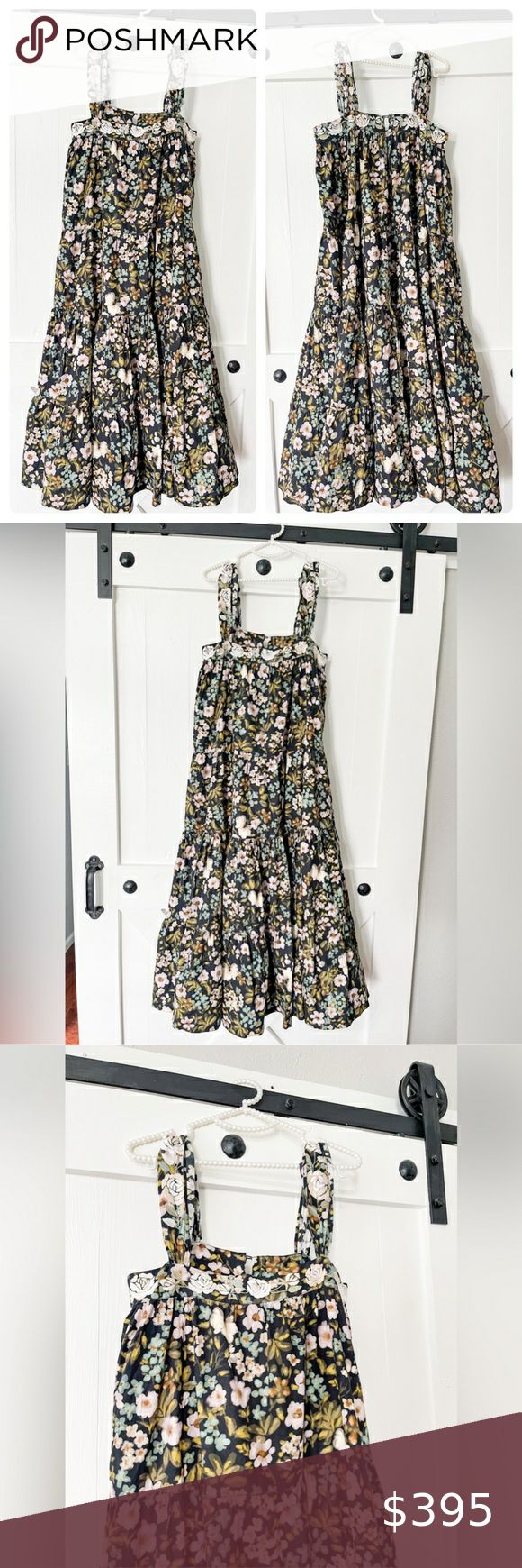 Mi Golondrina Lila Speciality Long Dress Crema 
Negro Floral Size Medium NWT Tired Skirt, Floral Embroidery, Long Dress, Dress Es, Dresses Skirts, Size Medium, Embroidery, Skirt, Tags