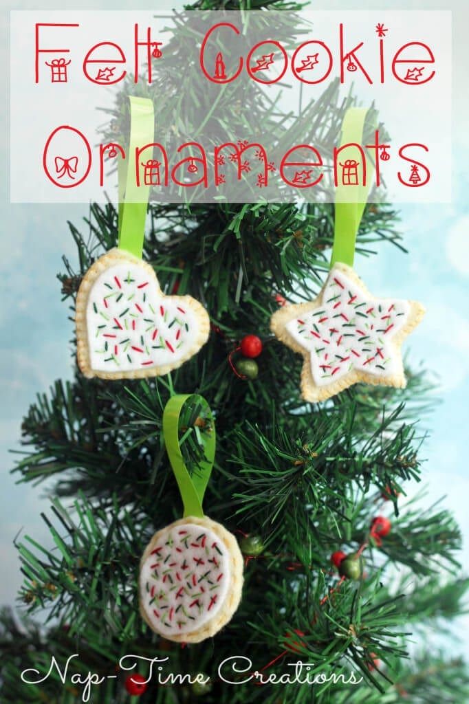 an ornament is hanging from a christmas tree with the words felt cookie ornaments