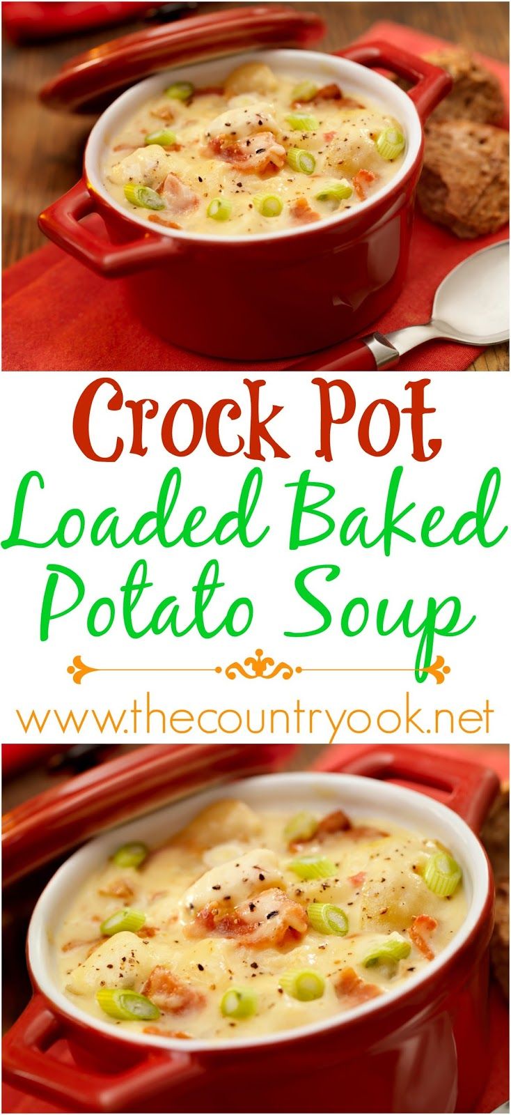 crock pot loaded baked potato soup in a red casserole dish with spoons