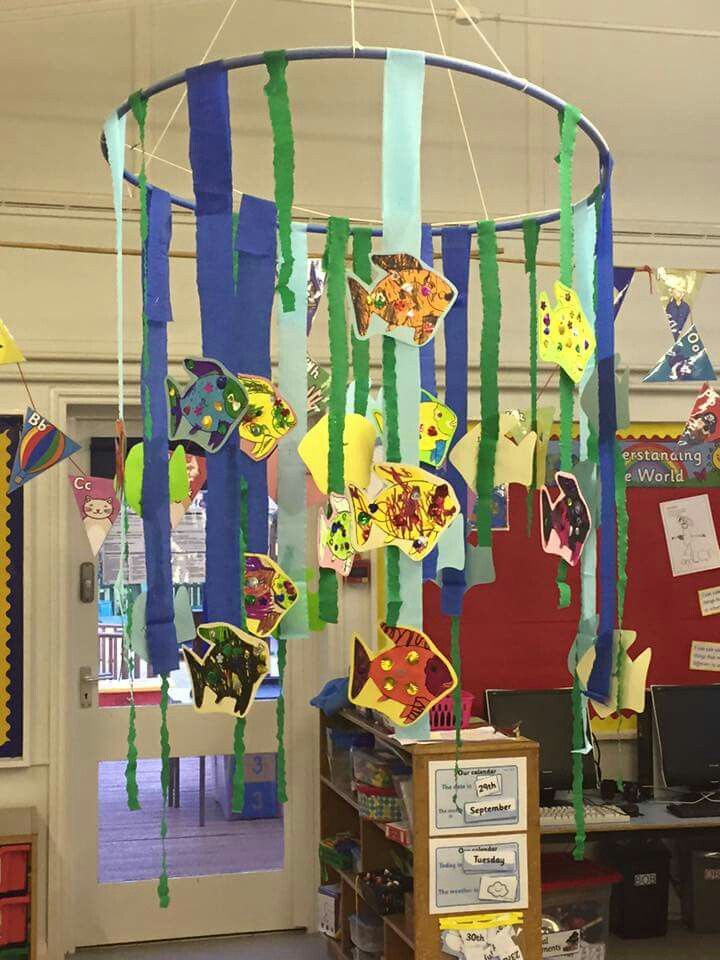 an office decorated with paper fish and streamers