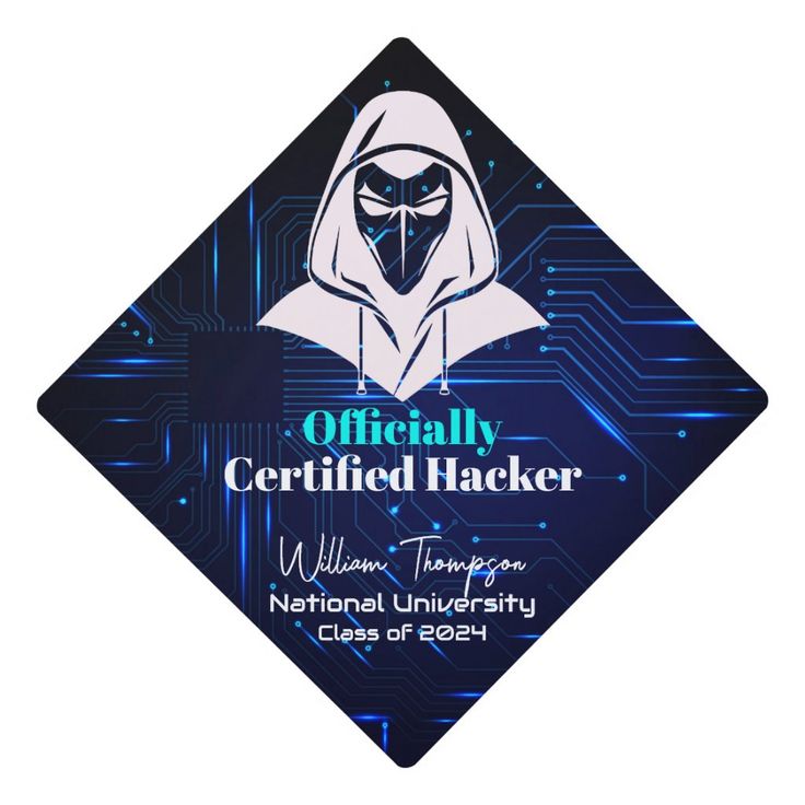 a badge with the words, officially certified hacker written on it and an image of a person wearing a mask