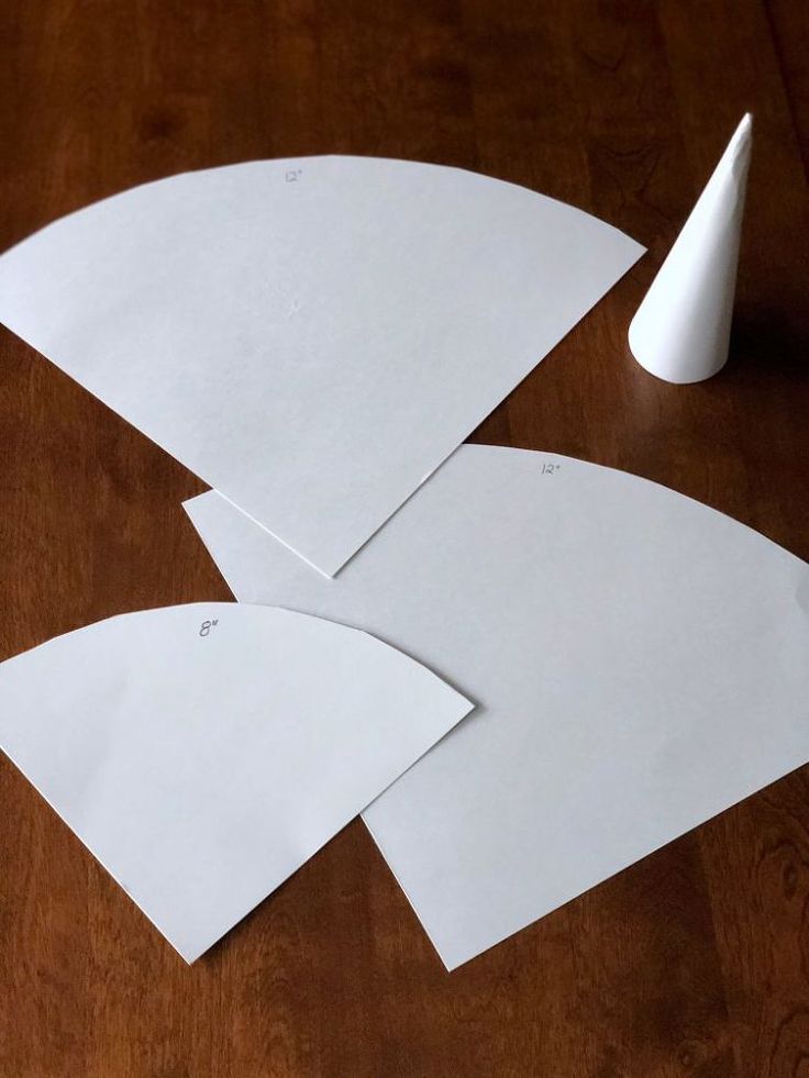 three pieces of paper sitting on top of a wooden table next to a white cone