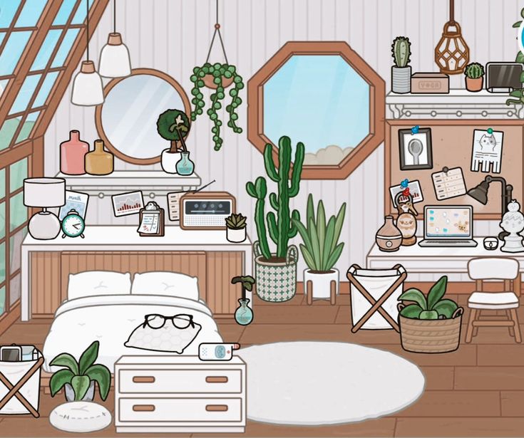 a bedroom with plants and other things in it