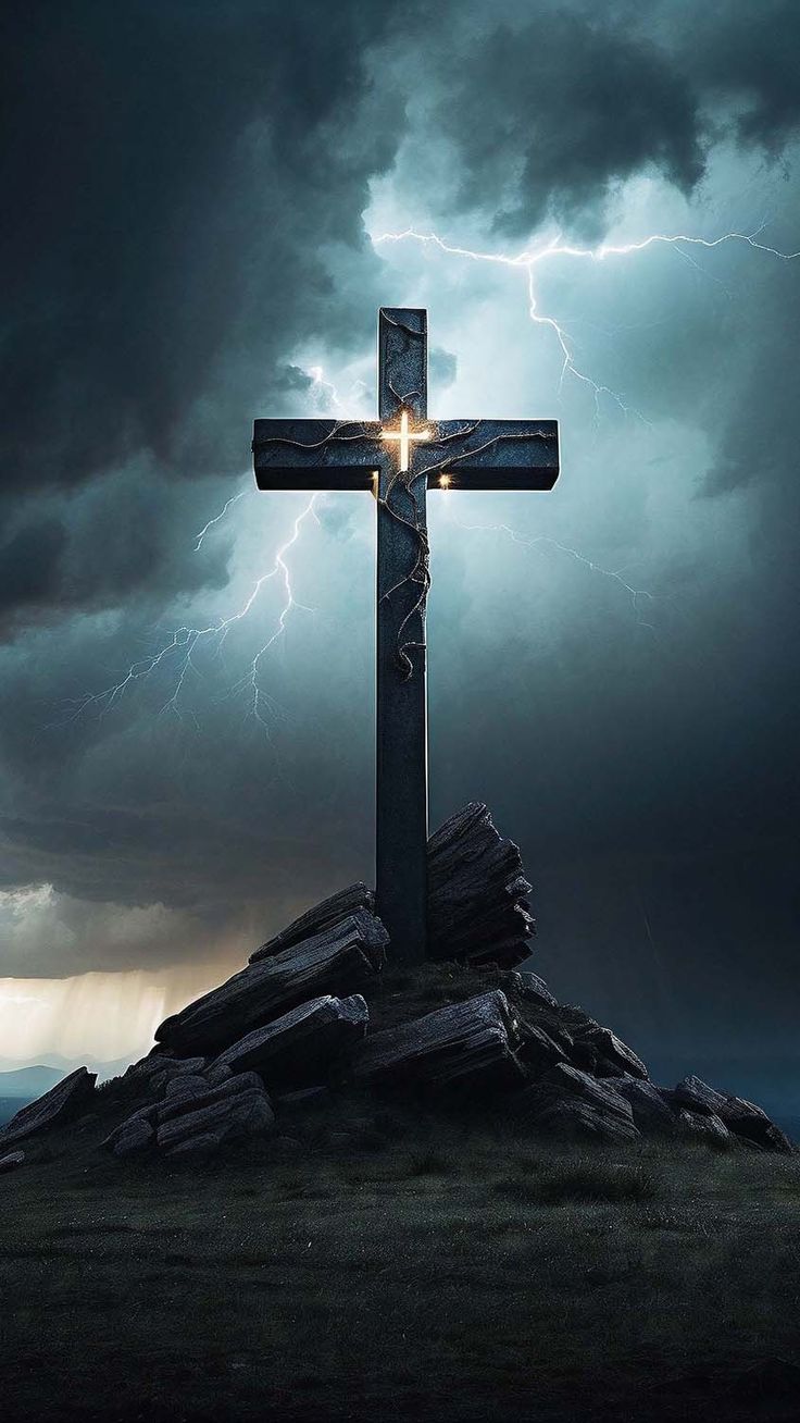 a large cross sitting on top of a hill under a cloudy sky with lightning in the background