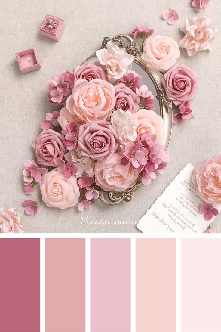 the color scheme is pink and has flowers on it, including roses in different shades