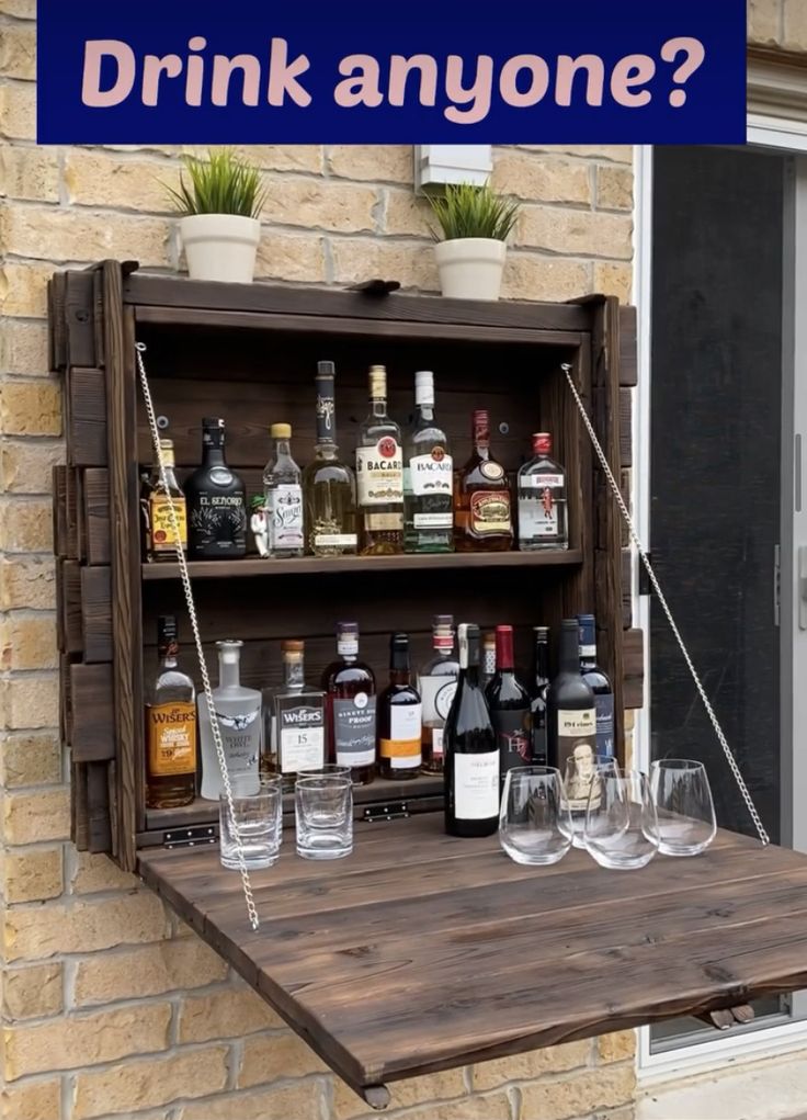 Upcycled my cedar deck boards to make this Murphy Bar and gave it the burnt wood look!! Ideas De Mini Bar, Mini Bar Ideas Small Spaces, Wall Bar Cabinet, Bar Wall Ideas, Look Bar, Mini Bar At Home, Murphy Bar, Kids Bedroom Furniture Design, Travel Bar