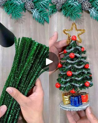 two hands are holding green straws near a christmas tree