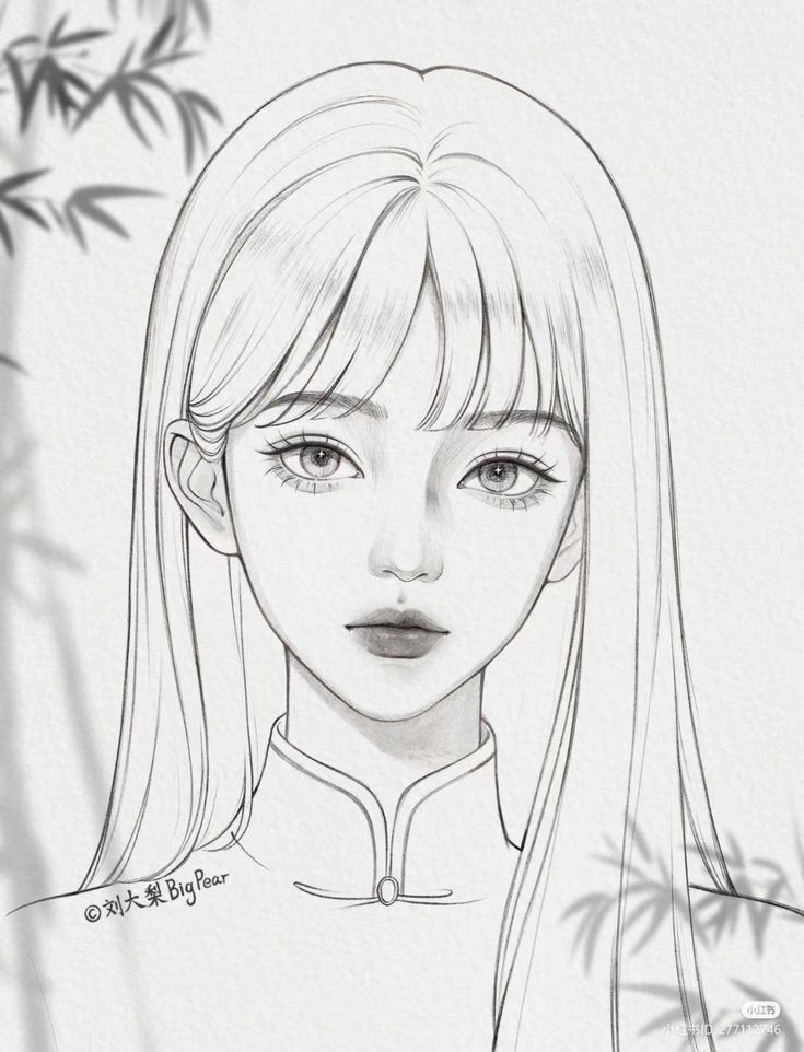 a drawing of a girl with long hair and bangs, in front of bamboo leaves