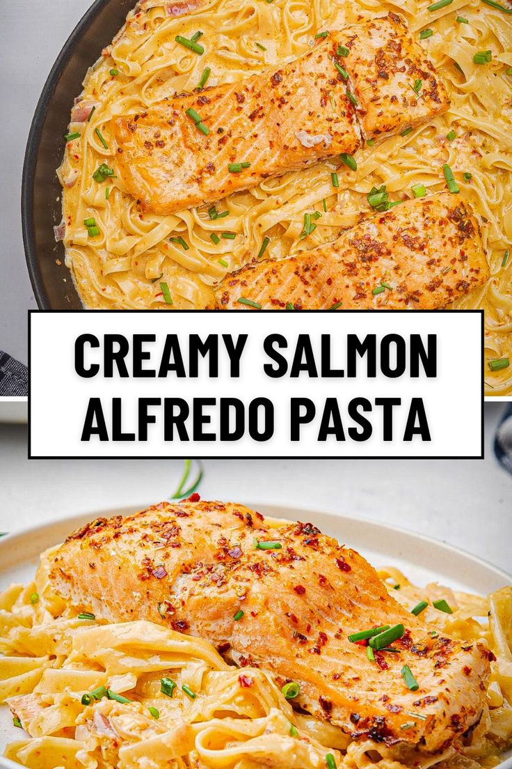 creamy salmon alfredo pasta in a skillet and then topped with parmesan cheese