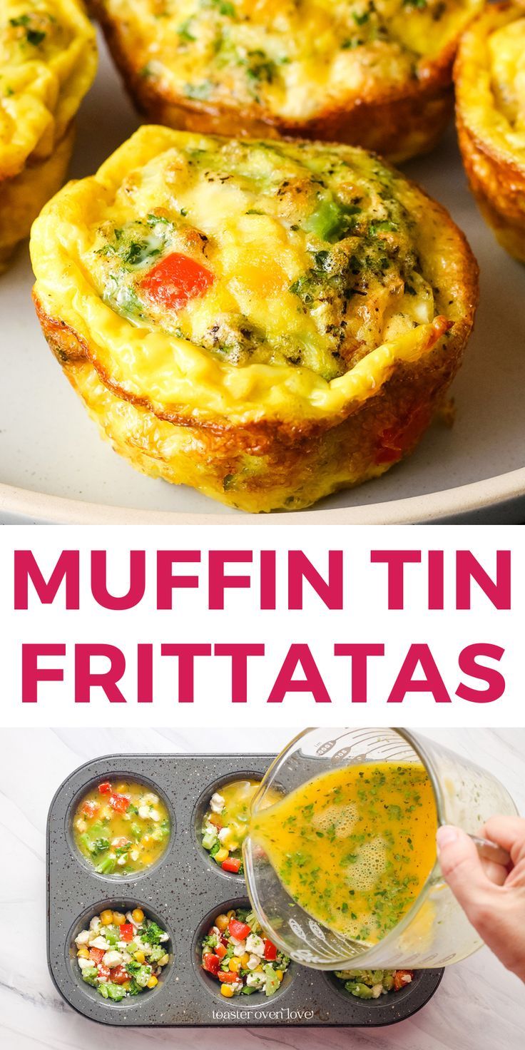 Close up of baked mini frittatas on place and hand pouring egg mixture over veggies in a muffin tin. Veggie Egg Muffins, Fritata Recipe, Frittata Recipes Breakfast, Easy Frittata, Egg Muffins Recipe, Mini Frittata, Vegan Muffins, Frittata Recipes, Egg Muffins