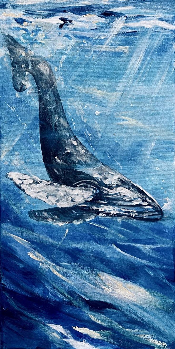 a painting of a humpback whale swimming in the ocean