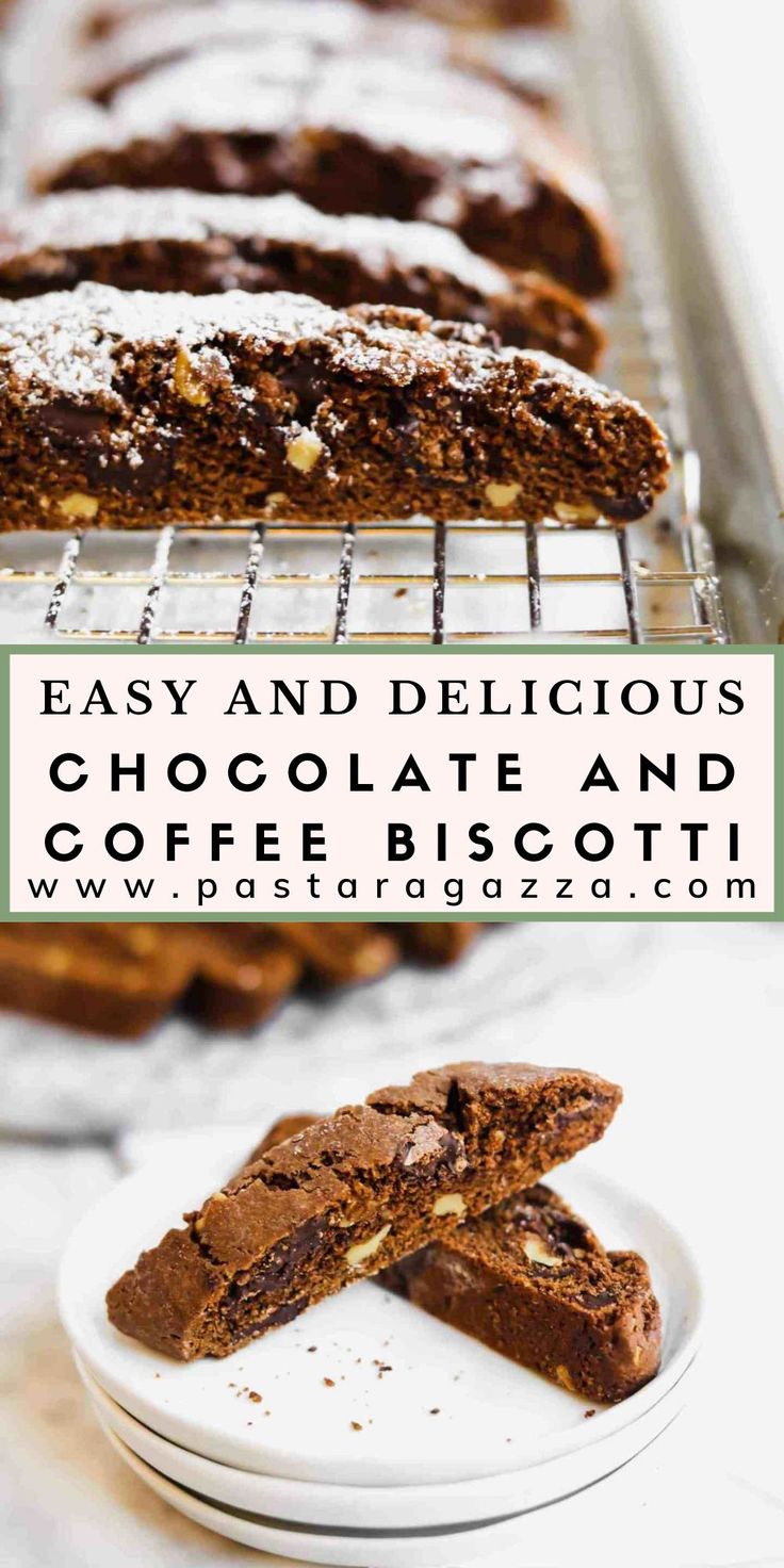 chocolate and coffee biscotti on a cooling rack with text overlay reading easy and delicious chocolate and coffee biscotti