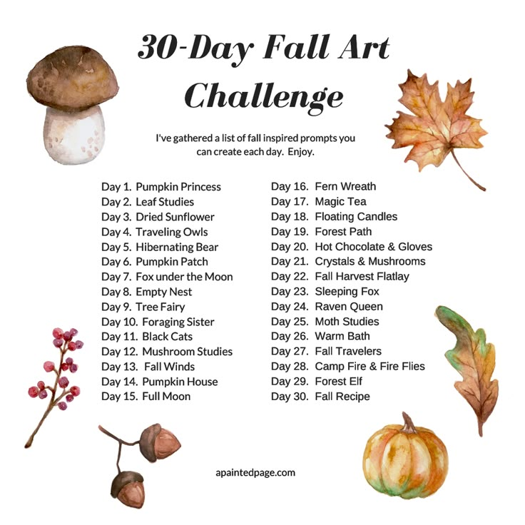 the 30 - day fall art challenge is shown with leaves, mushrooms and acorns