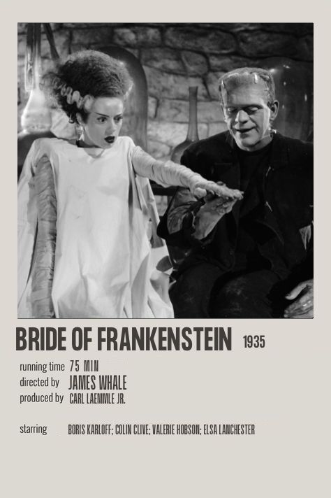 an old movie poster with the title bride of frankensten in black and white