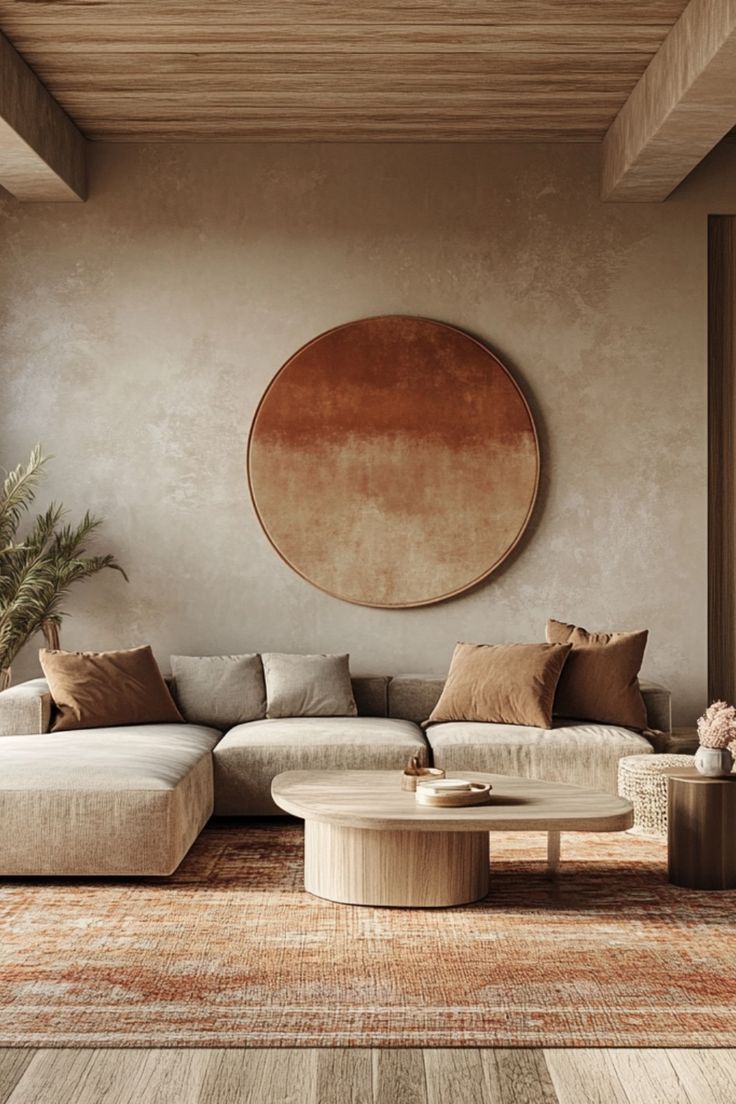 a living room filled with furniture and a large round painting on the wall above it