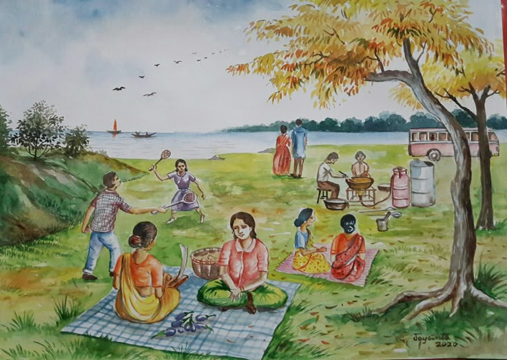 a painting of people sitting on a blanket in the grass near a body of water