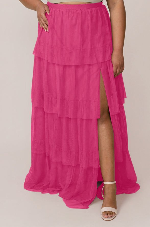 Model: Ashtyn; Size: 24 Tall Fitted Tulle Maxi Skirt For Summer, Pink Ruffled Maxi Skirt, Maxi Length Tulle Skirt For Party, Maxi Length Tulle Party Skirt, Party Maxi Tulle Skirt, Party Tulle Maxi Skirt, Pink Ruffled Maxi Length Skirt, Pink Maxi Length Ruffled Skirt, Chic Pink Maxi Length Skirt