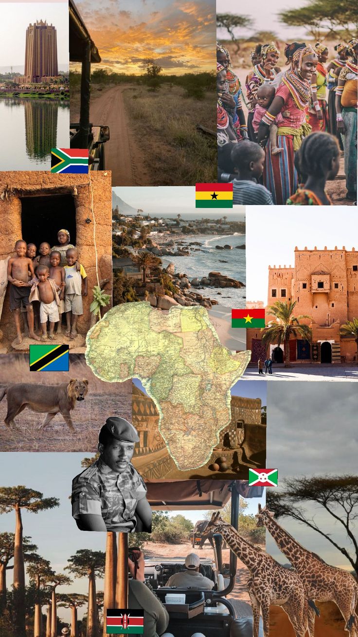 a collage of different pictures with people and animals in the middle one has an african map on it