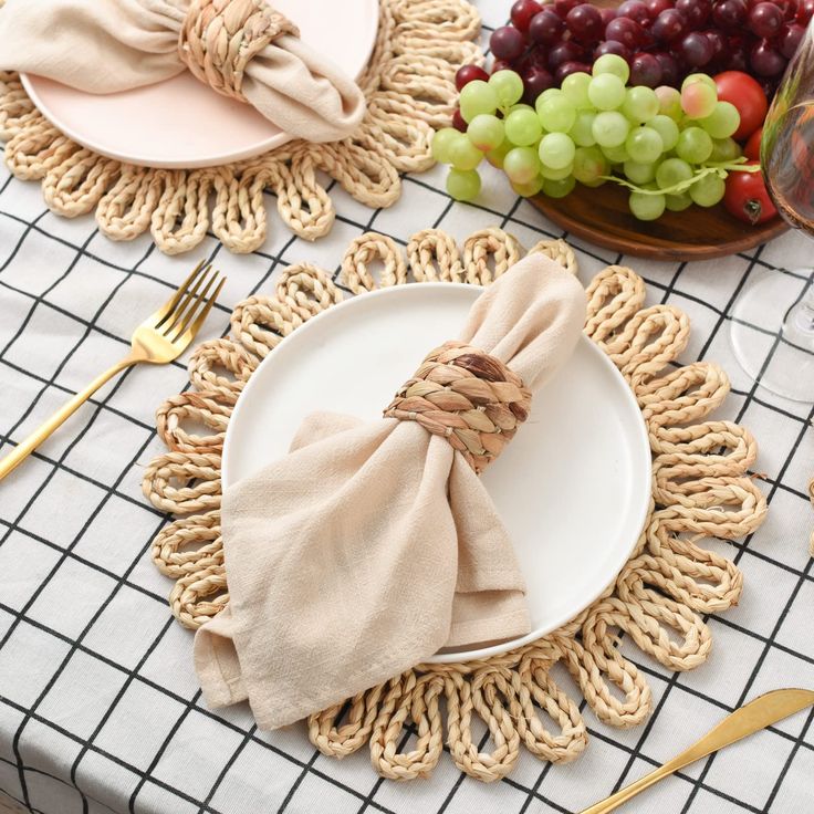 PRICES MAY VARY. Natural woven placemats, set of 6, adding a touch of nature and boho style to your dining table. 12.5 inches in diameter, the 12.5 inch floral design place mat is suitable for a 7-11 inch charger plate. Rustic home decor, hand-woven and easy to clean. Heat-resistant and non-slip, protecting table surface Effectively add highlights to your daily meals, also very suitable for holidays and wedding party occasions. 100% satisfaction guarantee with free replacement and good customer Wicker Charger Plates, Christmas Kitchen Table, Gold Placemats, Wicker Placemats, Creative Wall Decor, Natural Braids, Plate Mat, Woven Placemats, Dinner Themes