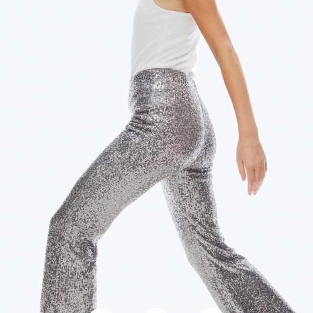 Genuine H&M New With Tag Material: 95% Polyester, 5% Elastane Color: Silver High Waisted Sequin Pull On Pants. Love Flared Hem For Disco Look. Great Look For Any Party Fitted Mid-rise Pants For Party, Fitted Mid-rise Party Pants, H&m Wide Leg Pants For Fall, Trendy Mid-rise Pants For Party, Trendy Mid-rise Party Pants, H&m Spring Party Bottoms, Trendy H&m Fall Bottoms, Trendy Fall Bottoms By H&m, Trendy H&m Bottoms For Fall