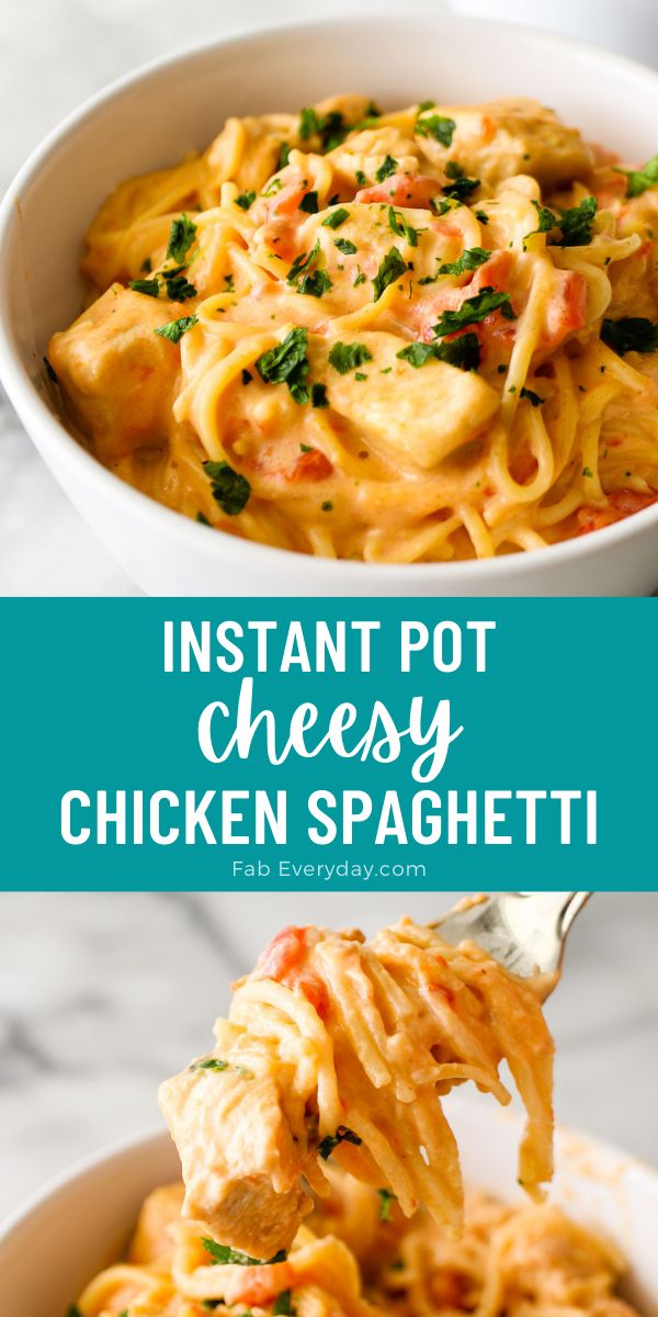 instant pot cheesy chicken spaghetti in a white bowl