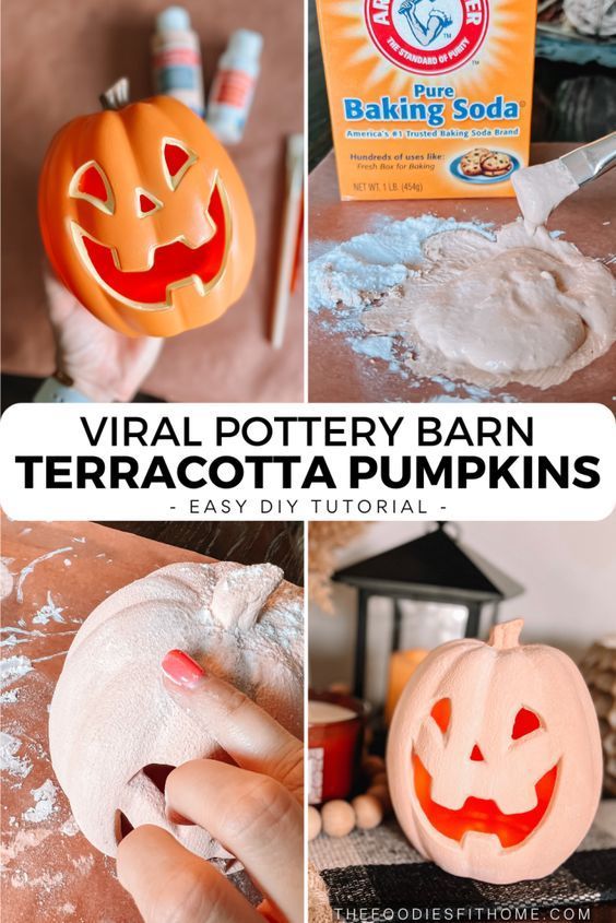 pumpkins and other halloween decorations with text overlay that reads, virtual pottery barn terracotta pumpkins