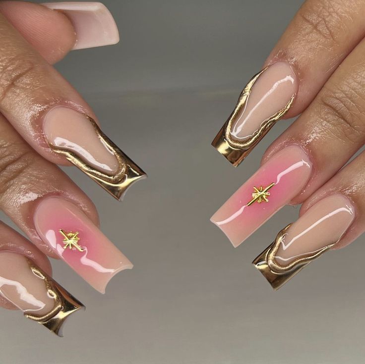 acrylics
nails
nail inspo
acrylic ideas
nail ideas
nail art
press ons
pink nails
pink acrylics
gold nails
gold acrylics Pink Star Nails, Pink And Gold Nails, Nails Hand Painted, Golden Nails, Chrome Nails Designs, Spring Acrylic Nails, Airbrush Nails, Subtle Nails, Nail Prep