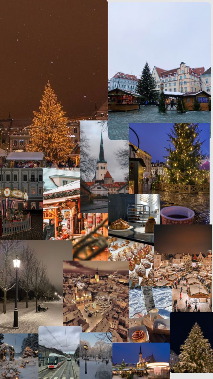 the collage shows many different images of buildings and trees in wintertime, including a christmas tree