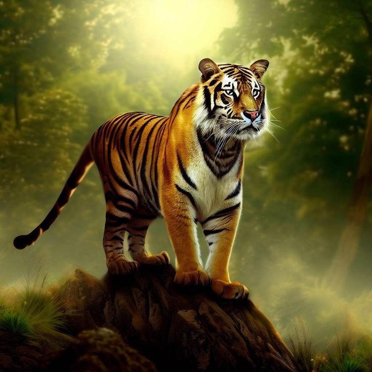 a tiger standing on top of a rock in the forest