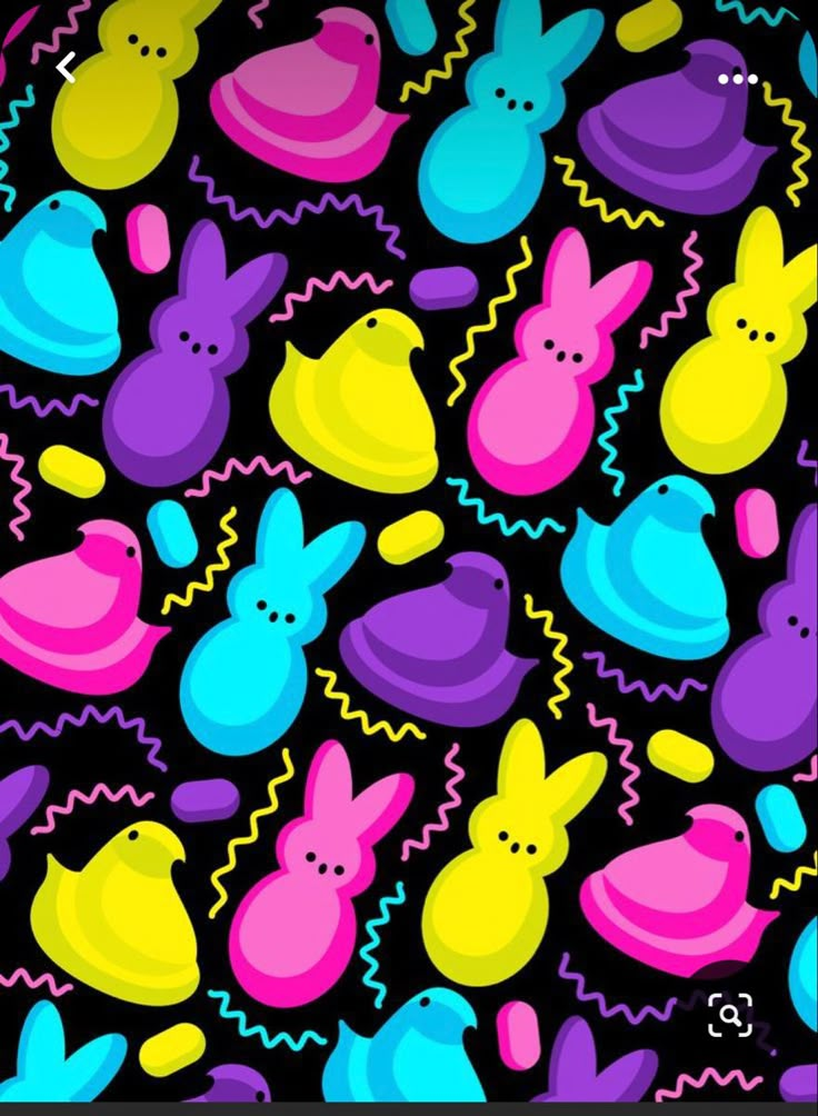 an image of many different colored bunnies on a black background with pink, blue, yellow and purple colors